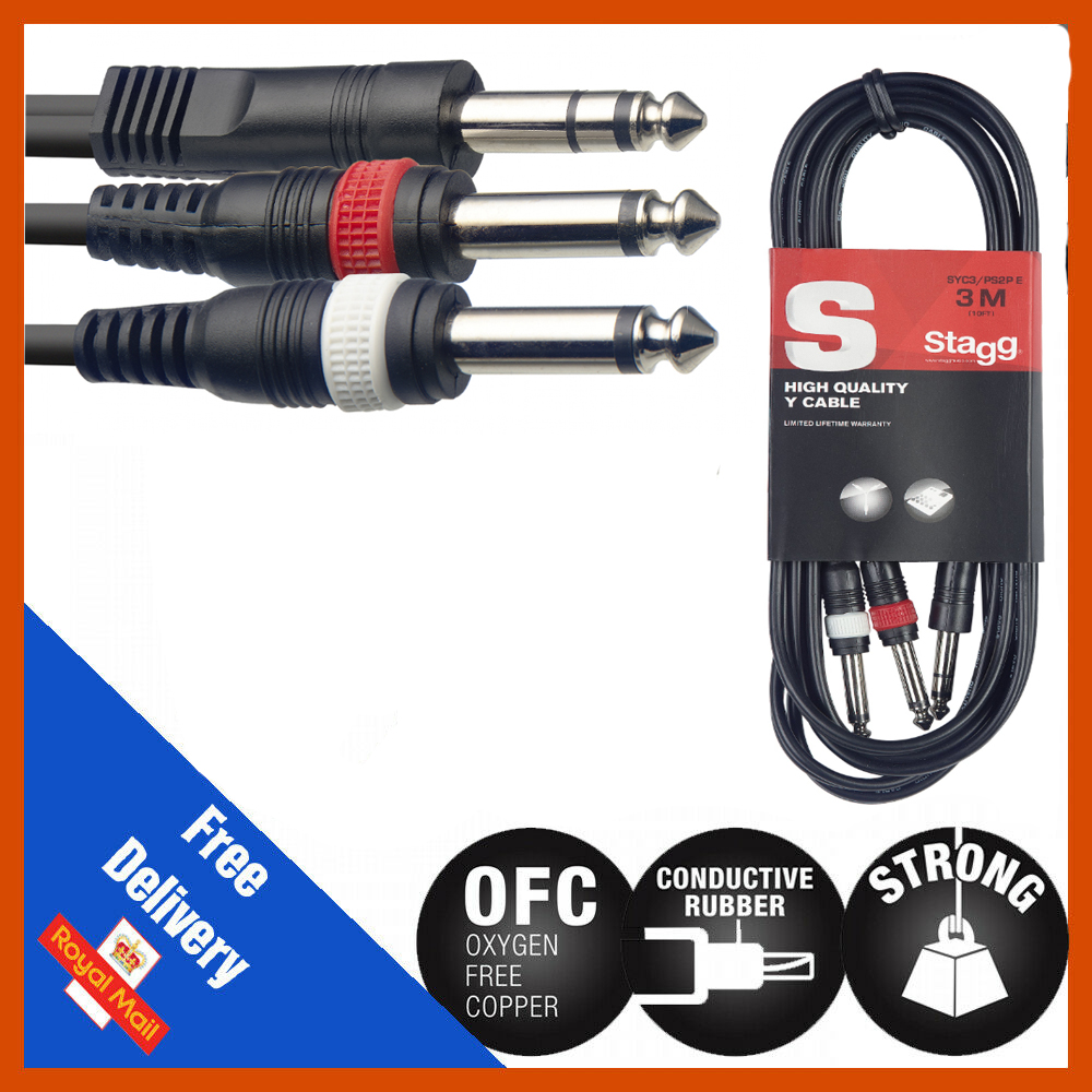 1m 6.35mm 1/4" TRS Jack Stereo to Twin 2 x 1/4" Jacks Mono Cable Audio